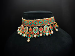 925 Silver Coral & Turquoise Kundan Jadau Choker Necklace Set (24K Gold Plated)