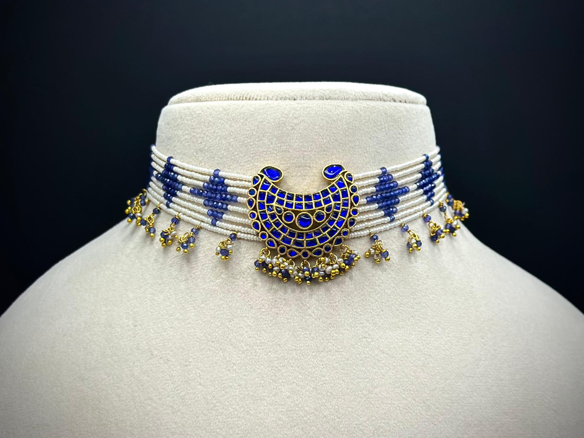 Neel Chandrika – 925 Silver Blue Kundan Jadau Choker Necklace Set
