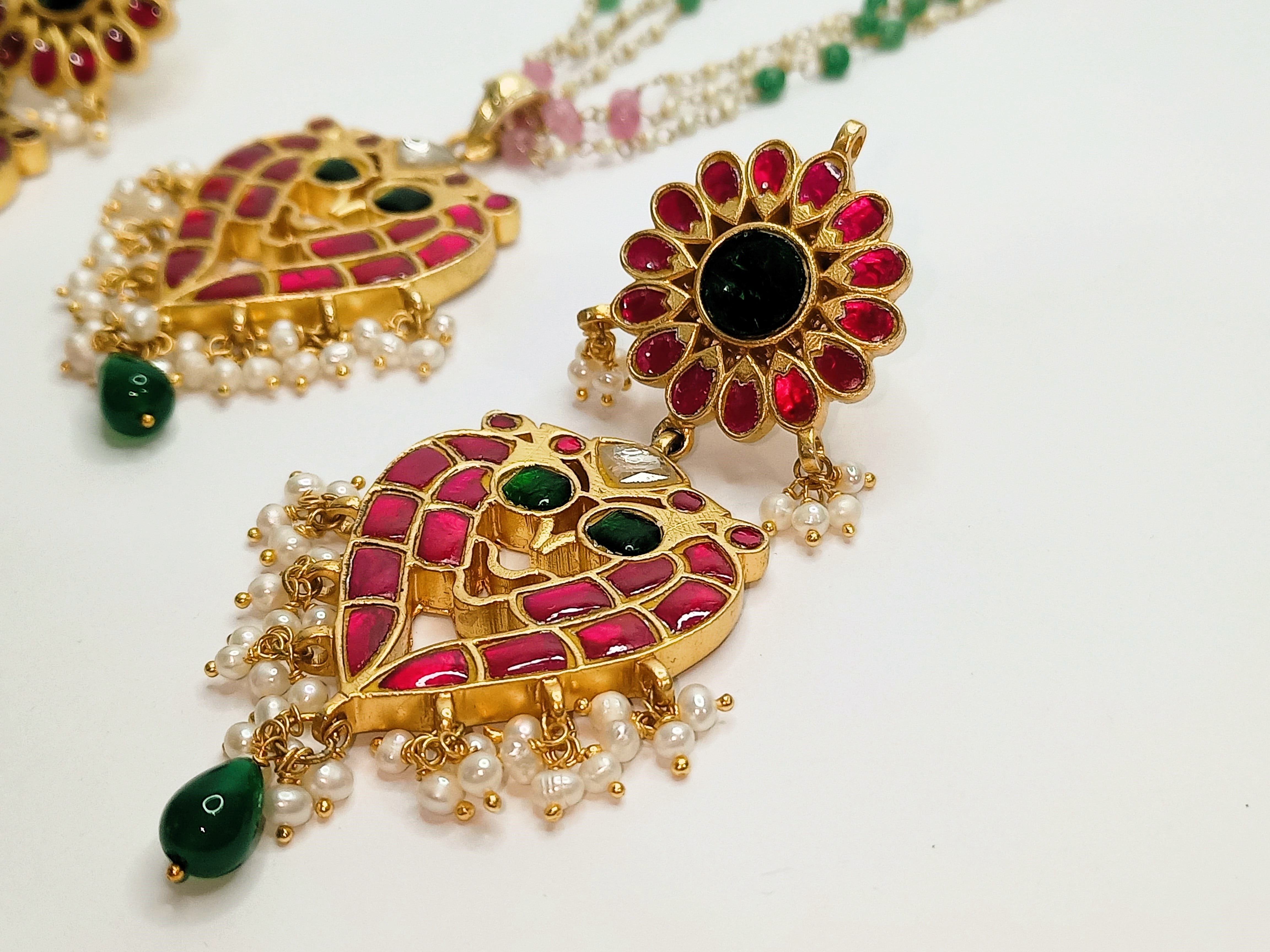 Gold Plated South Kundan Necklace Set with Red - Green Color Combo