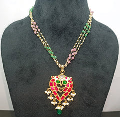 Gold Plated South Kundan Necklace Set with Red - Green Color Combo