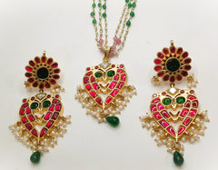 Gold Plated South Kundan Necklace Set with Red - Green Color Combo