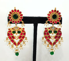 Gold Plated South Kundan Necklace Set with Red - Green Color Combo