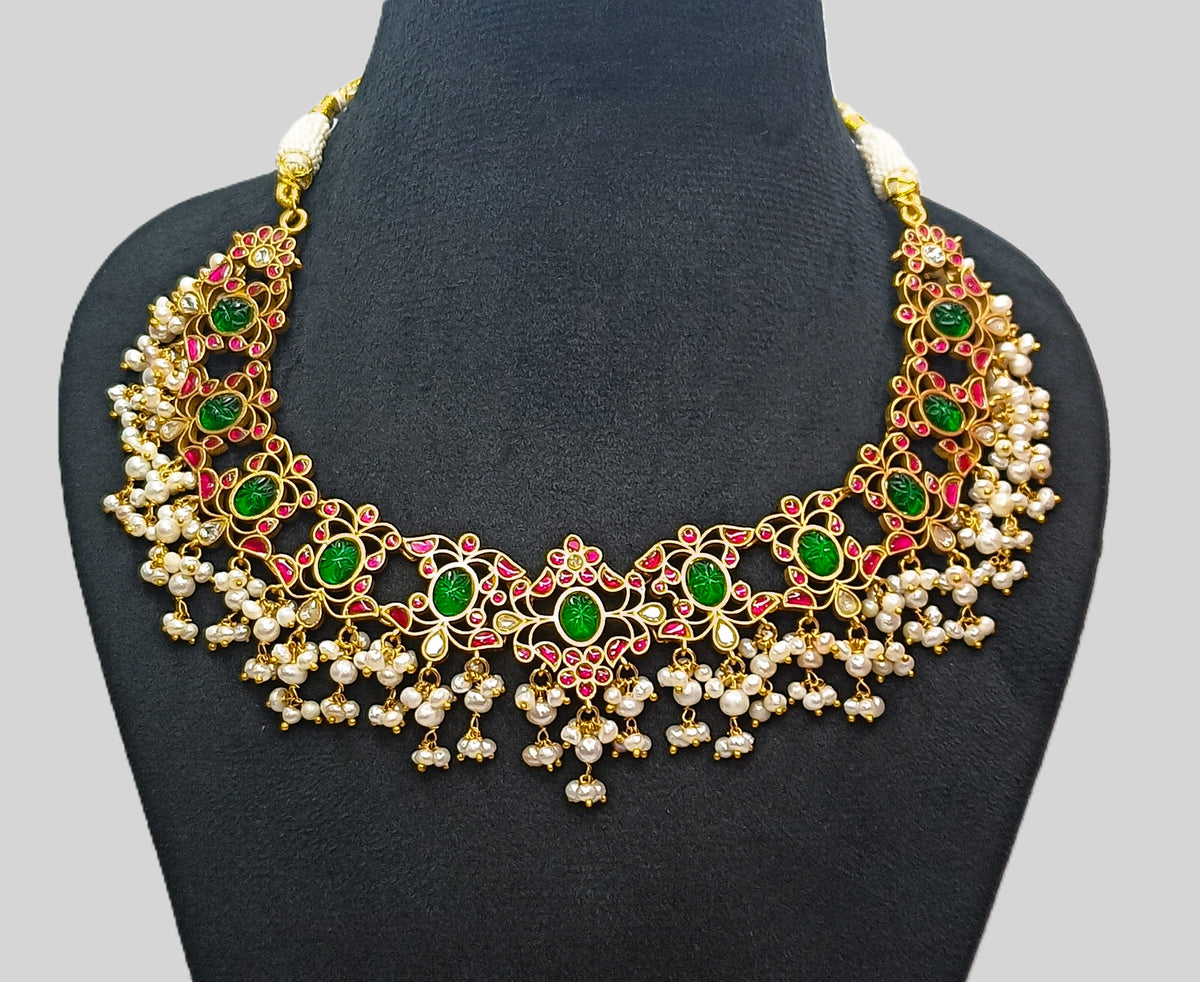 925 Silver South Kundan Necklace Set with Pink - Green Stones