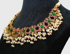 925 Silver South Kundan Necklace Set with Pink - Green Stones