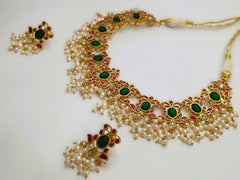 925 Silver South Kundan Necklace Set with Pink - Green Stones