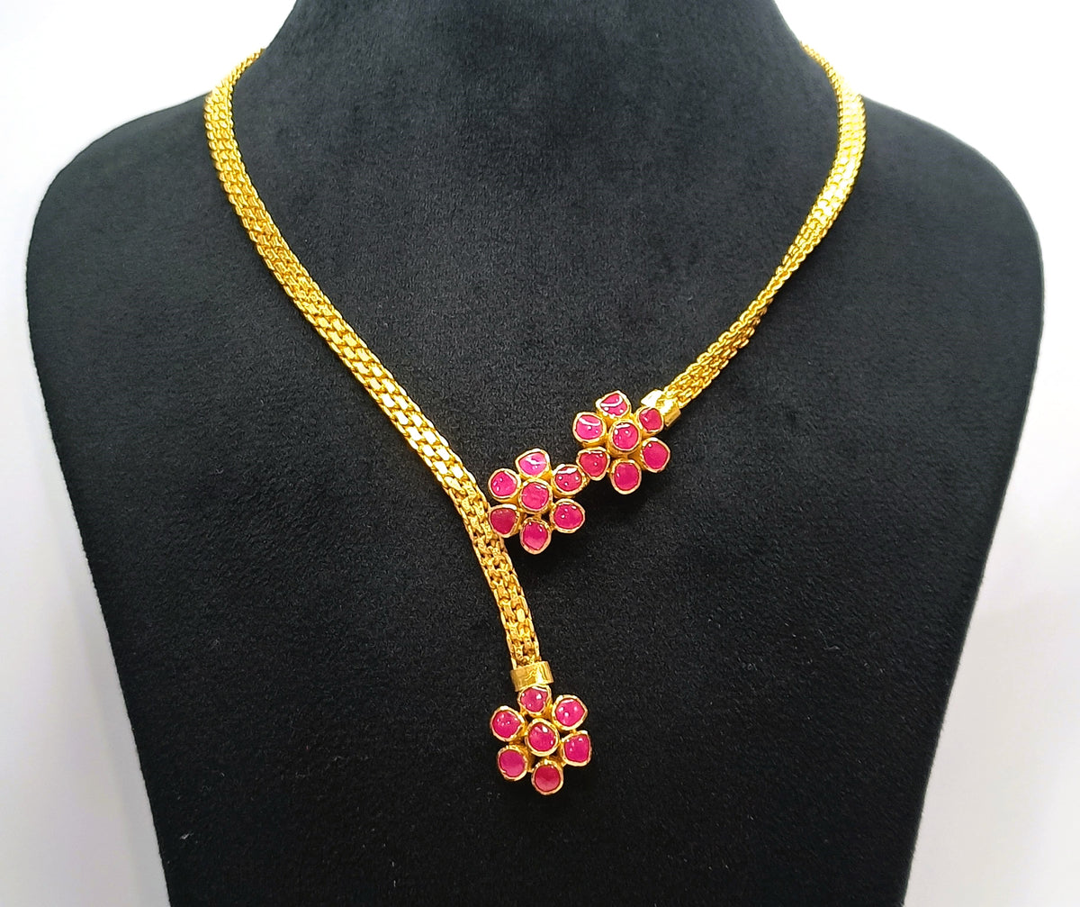 925 Silver South Kundan Pink Flower Necklace Set🌸