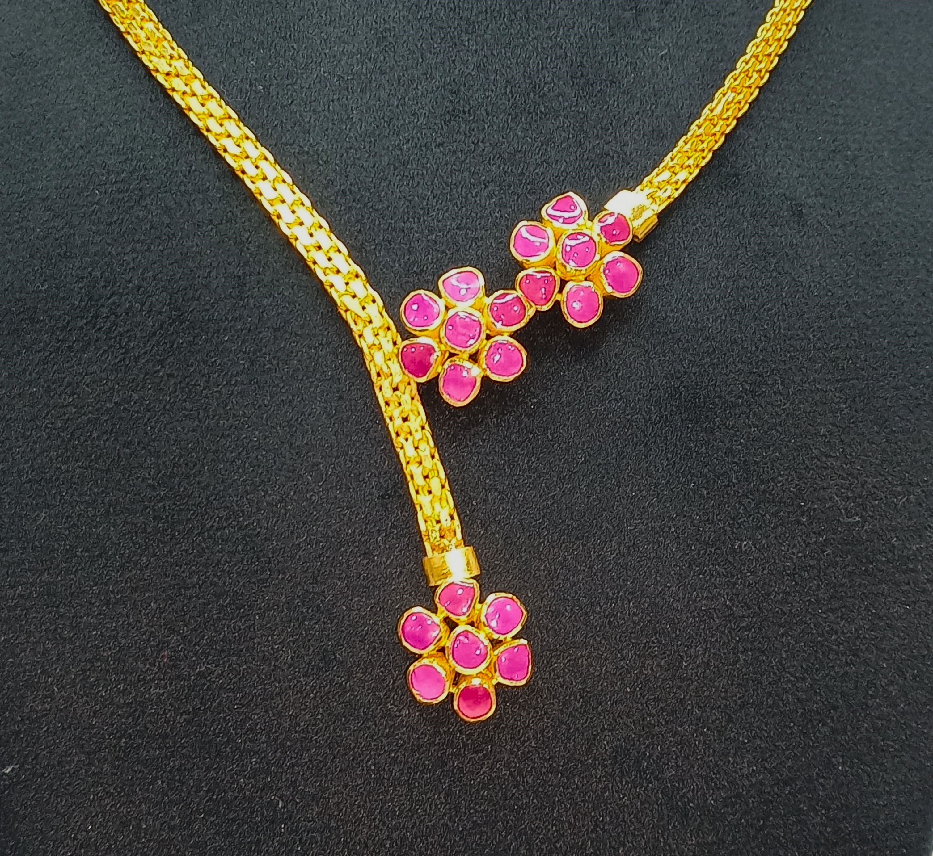 925 Silver South Kundan Pink Flower Necklace Set🌸