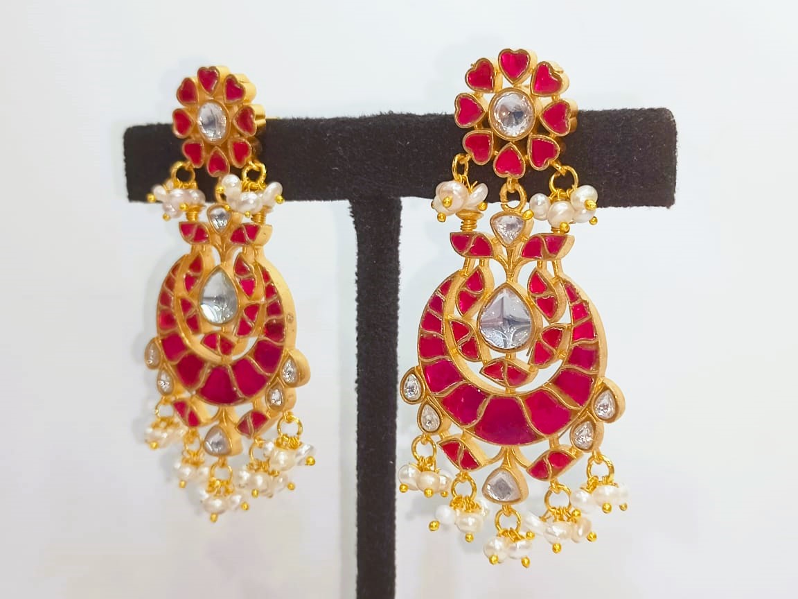 925 Silver Floral Pink South Kundan Earrings