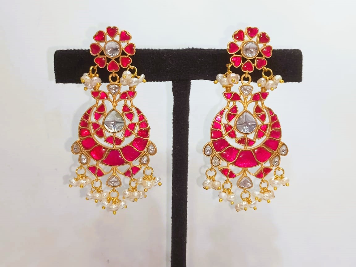 925 Silver Floral Pink South Kundan Earrings