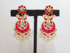 925 Silver Floral Pink South Kundan Earrings