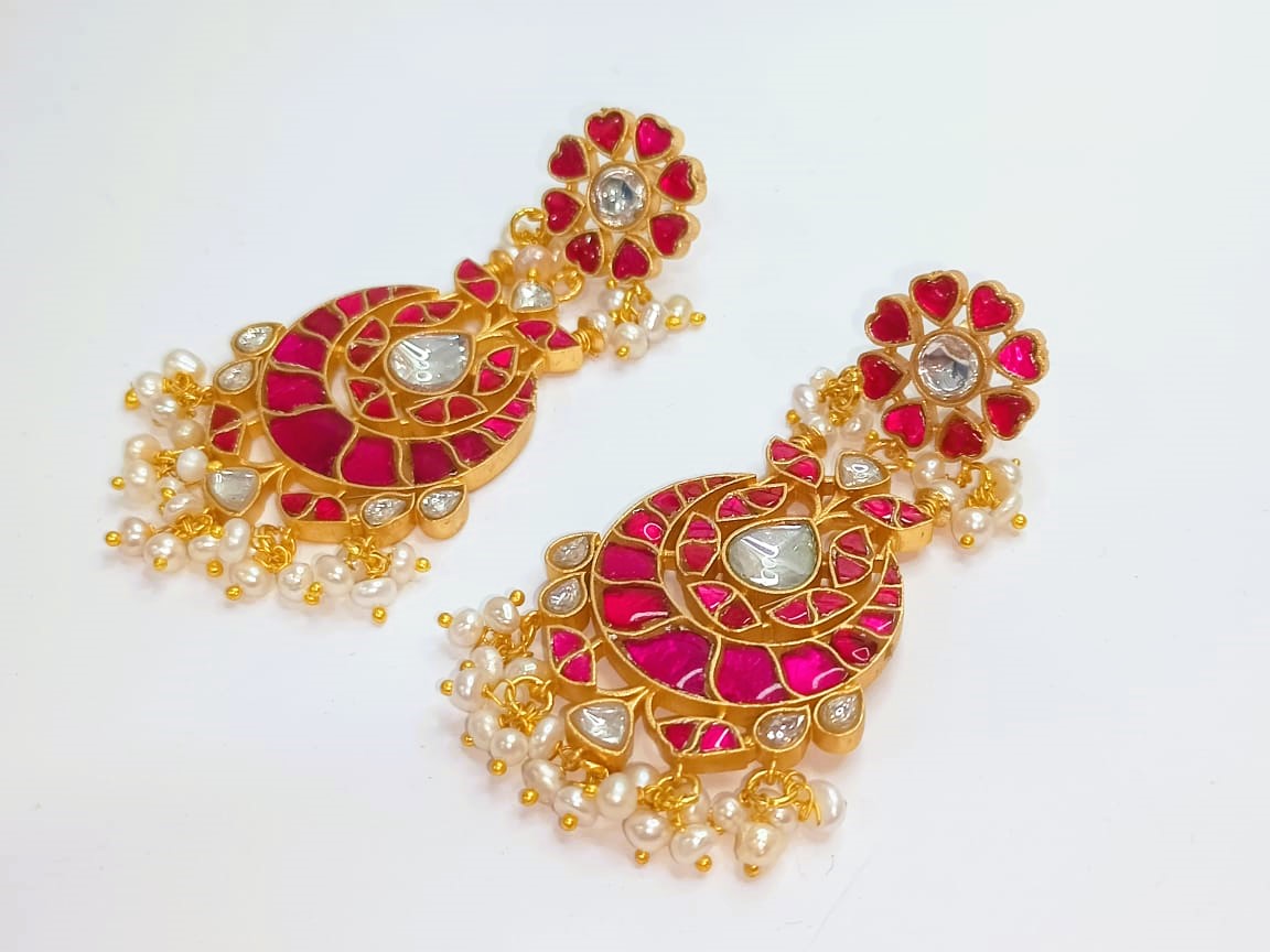 925 Silver Floral Pink South Kundan Earrings