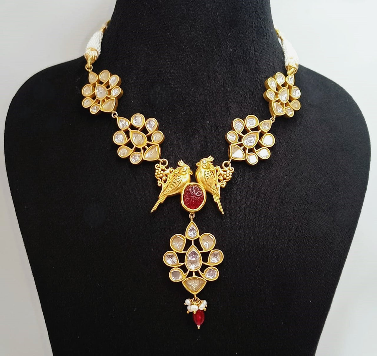 925 Silver South Kundan Necklace Set with Birds Duo