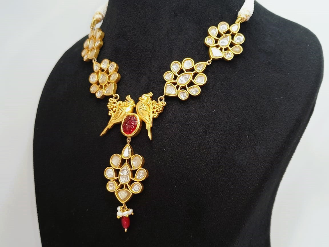 925 Silver South Kundan Necklace Set with Birds Duo