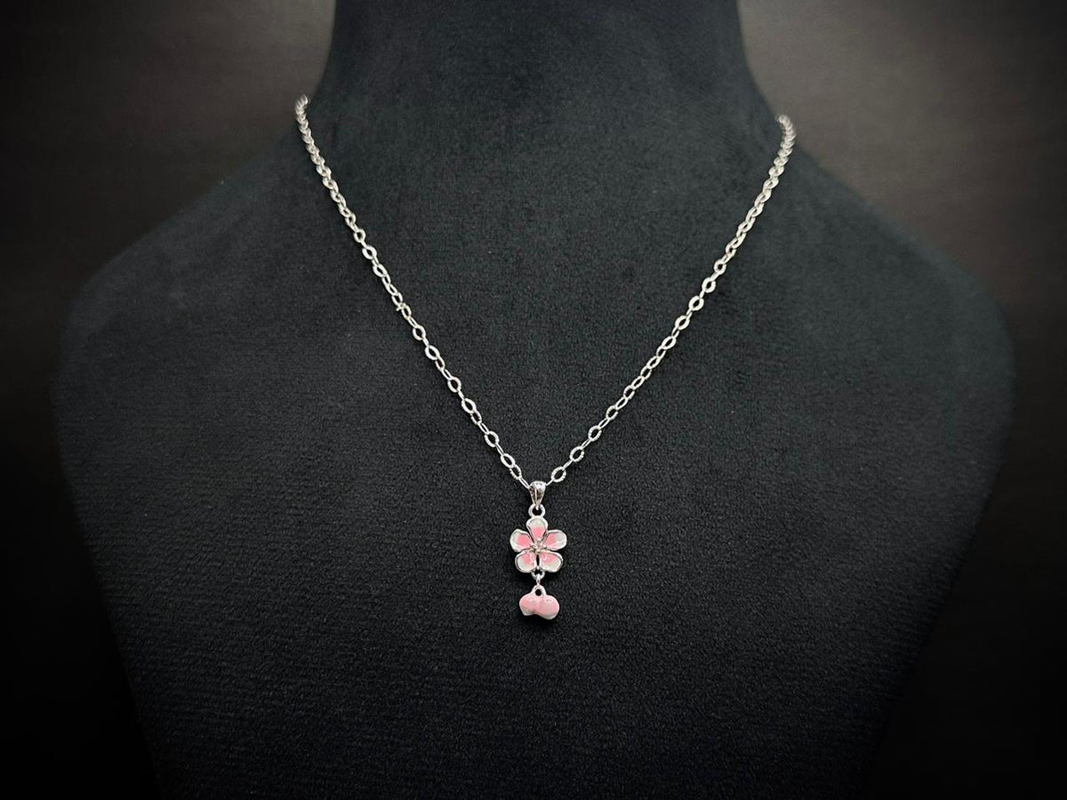 925 Silver Flower Pendant Set with Pink-White Enamel | Lightweight Floral Necklace – Manivar