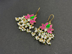 Handmade Silver Lotus Kundan Dangle Earrings for Women