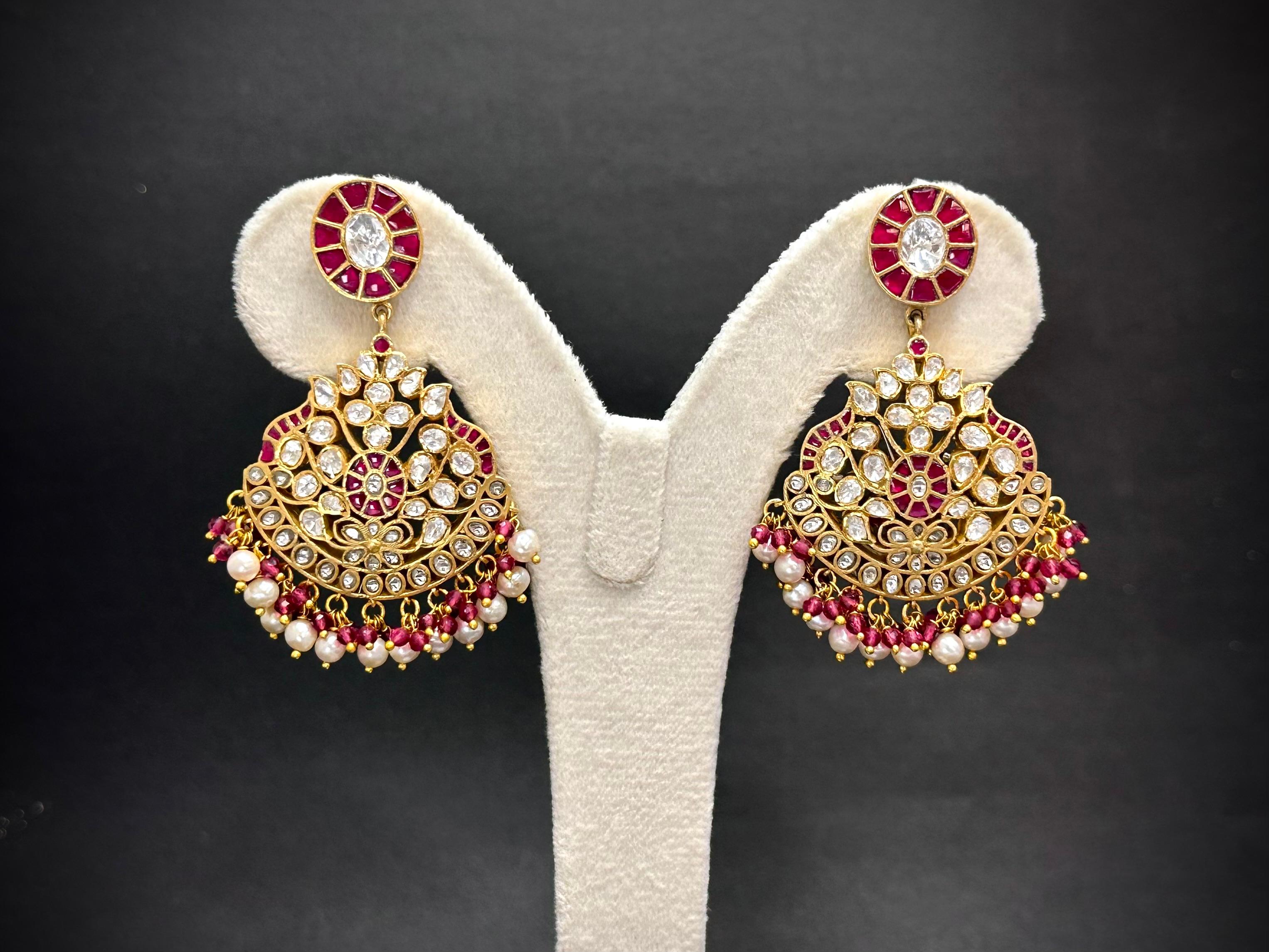 Handmade Kundan Polki Rani Haar Necklace Set — Red Stones, Pearls & Moissanite