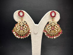 Handmade Kundan Polki Rani Haar Necklace Set — Red Stones, Pearls & Moissanite