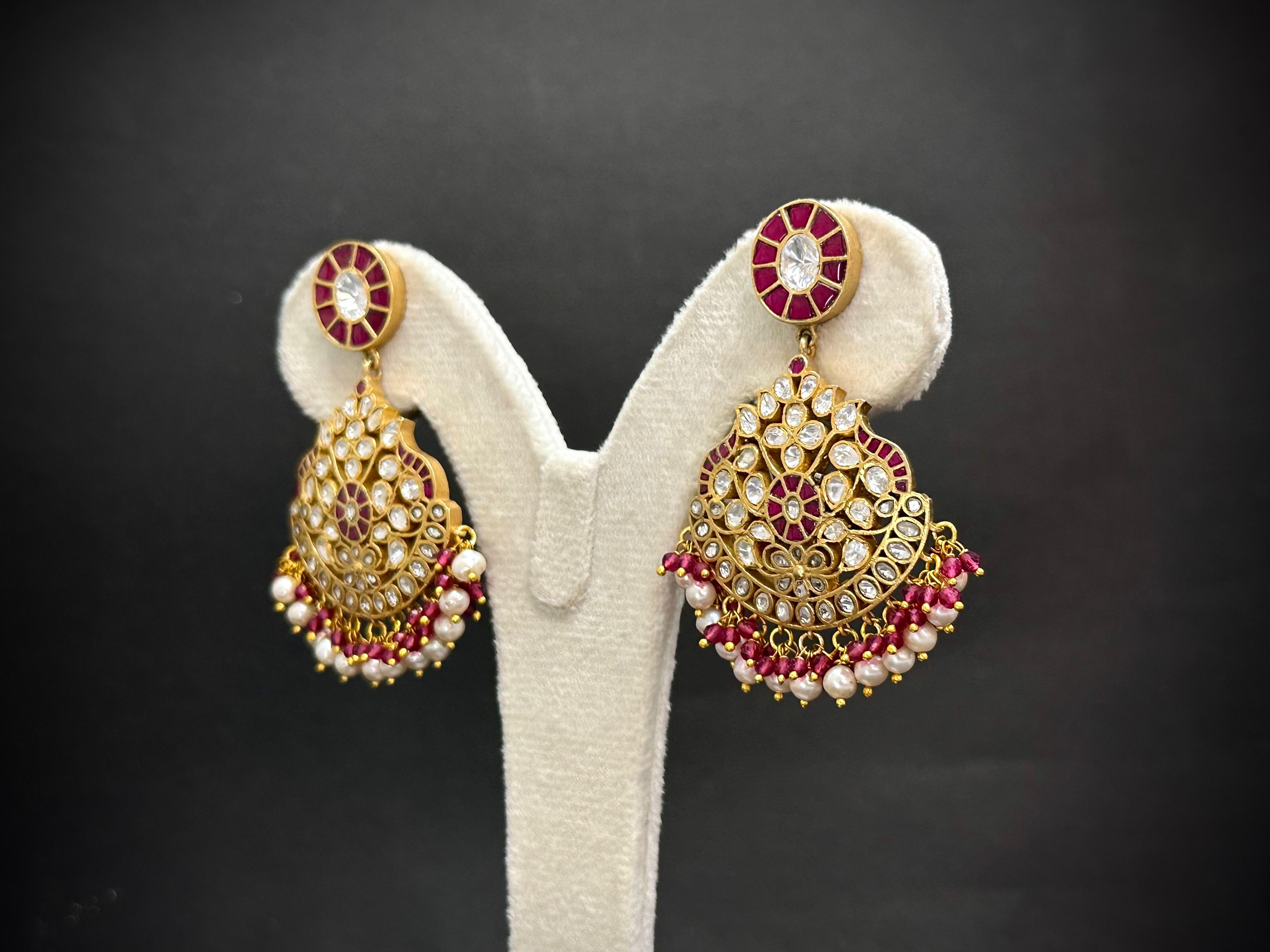 Handmade Kundan Polki Rani Haar Necklace Set — Red Stones, Pearls & Moissanite