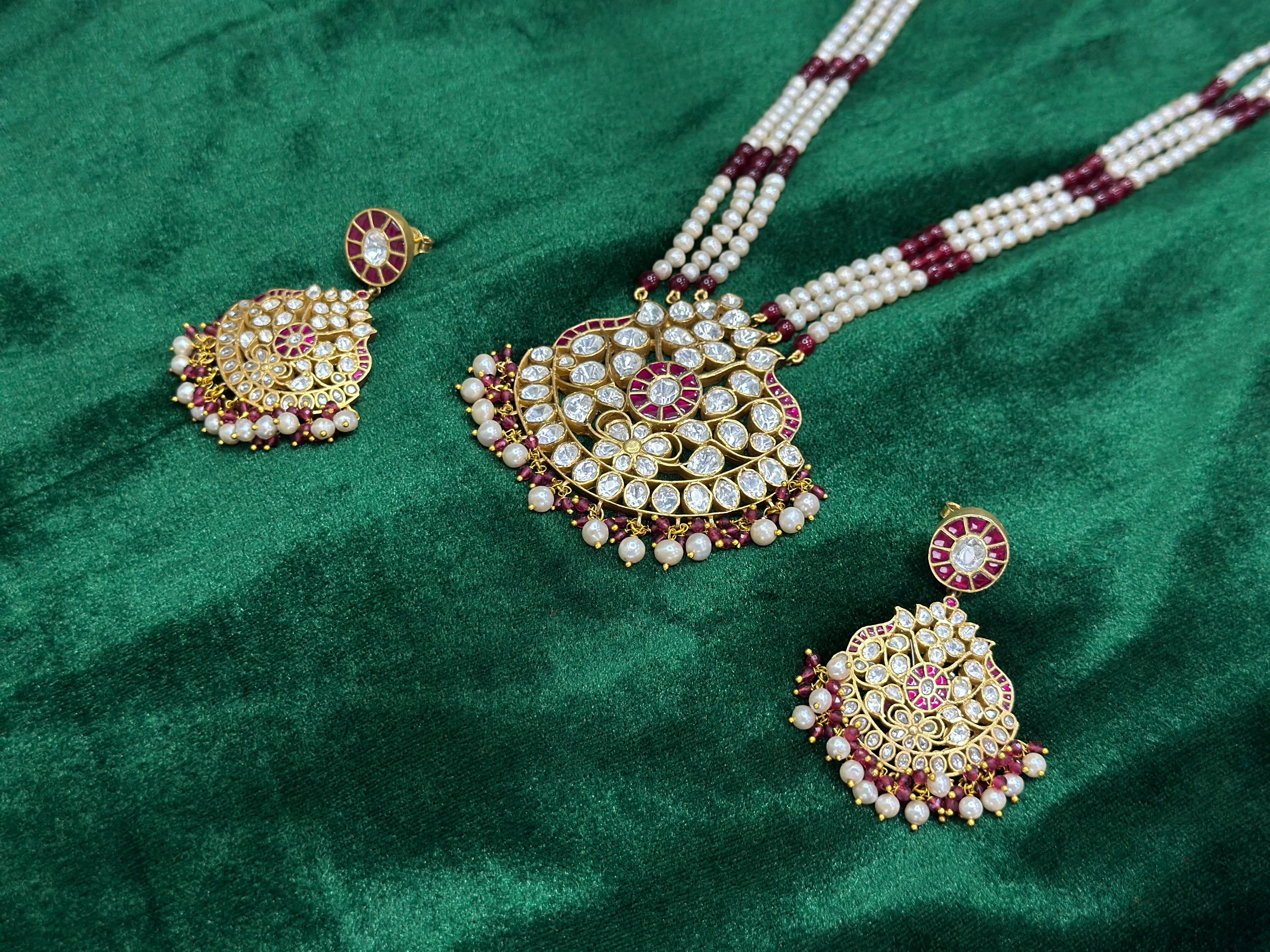 Handmade Kundan Polki Rani Haar Necklace Set — Red Stones, Pearls & Moissanite