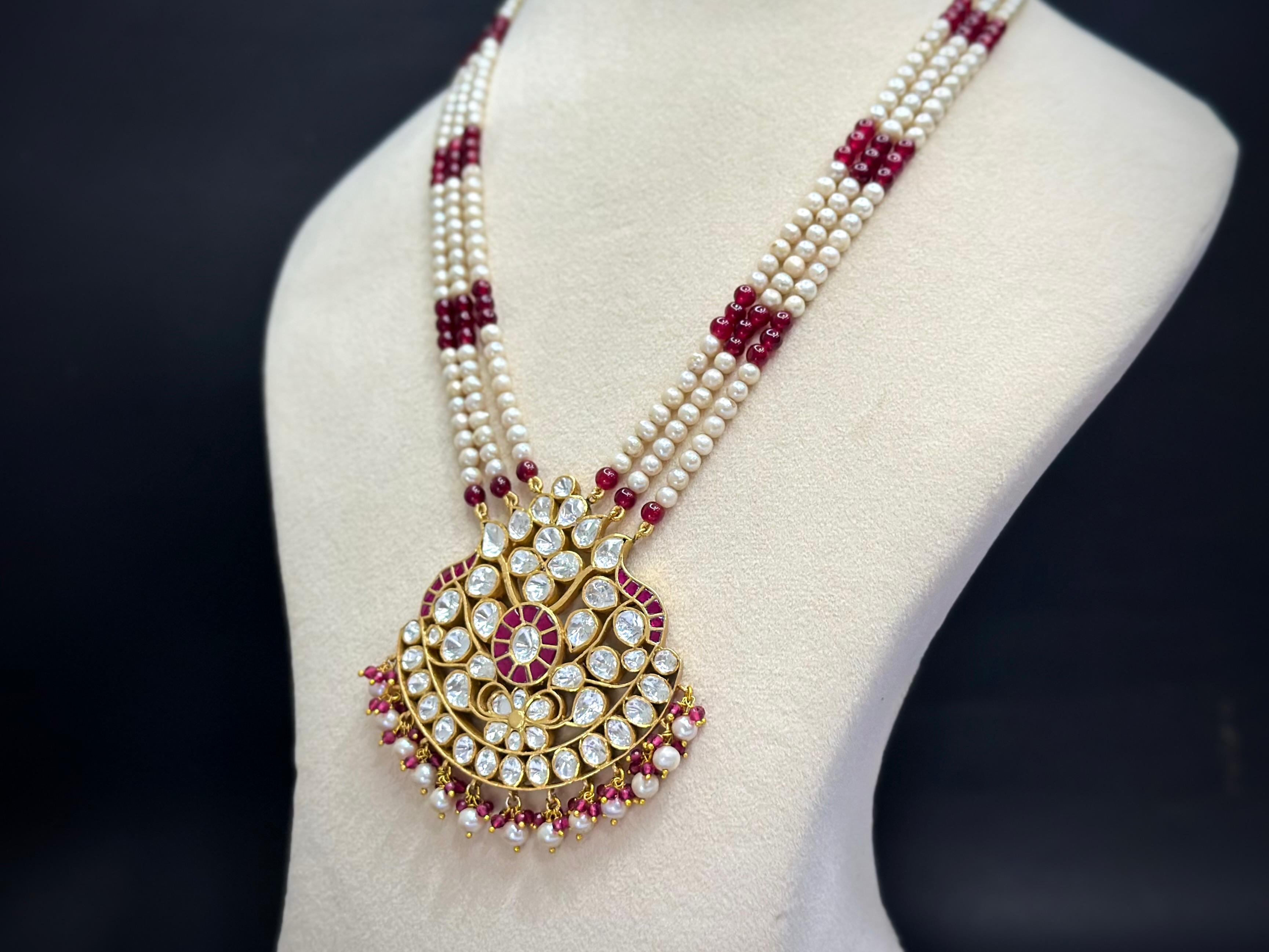 Handmade Kundan Polki Rani Haar Necklace Set — Red Stones, Pearls & Moissanite