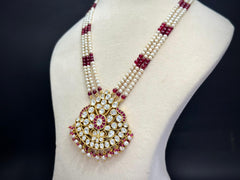 Handmade Kundan Polki Rani Haar Necklace Set — Red Stones, Pearls & Moissanite