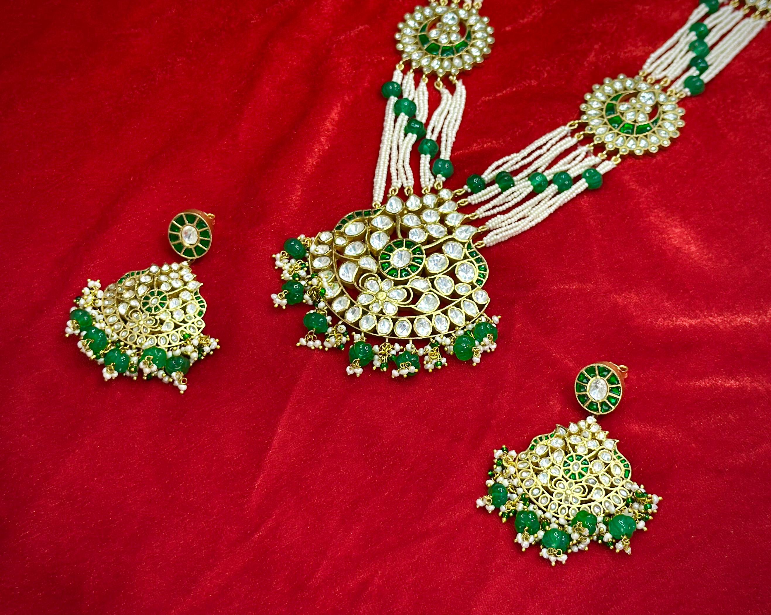 Handmade Kundan Polki Rani Haar Necklace Set — 925 Silver, Moissanite & Pearls