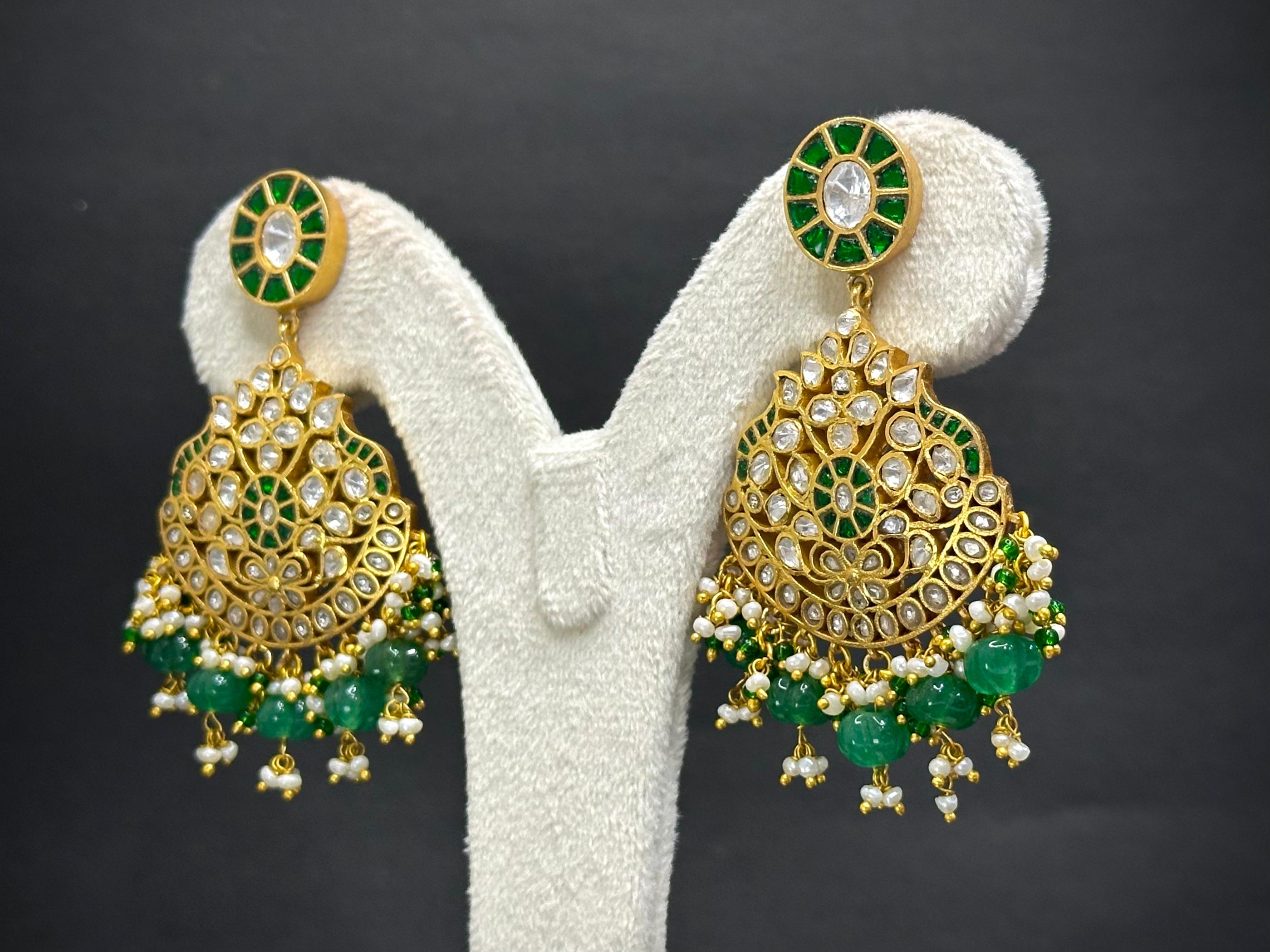 Handmade Kundan Polki Rani Haar Necklace Set — 925 Silver, Moissanite & Pearls