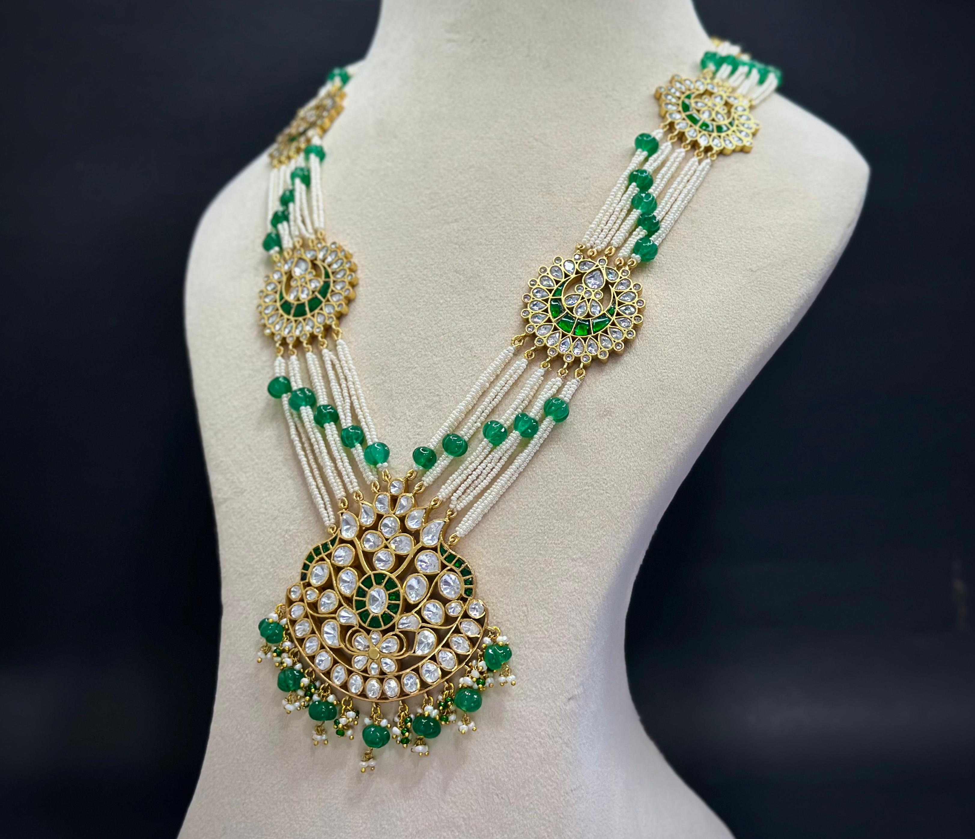 Handmade Kundan Polki Rani Haar Necklace Set — 925 Silver, Moissanite & Pearls
